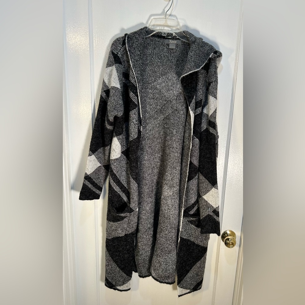 Natural Reflections Women's L Blk /Wht Plaid Hooded Wrap Open Long Slv Cardigan